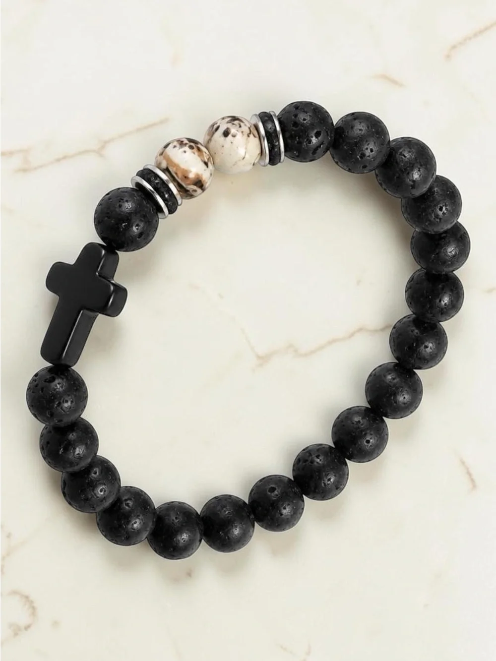 Men's Black Lava Stone Bracelet with Black Cross Accent - Unbranded